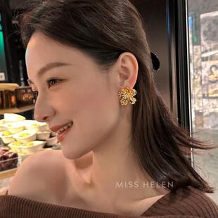 MISS HELEN「鎏金花朵」耳钉耳夹女独特新年礼物气质夸张耳饰耳环