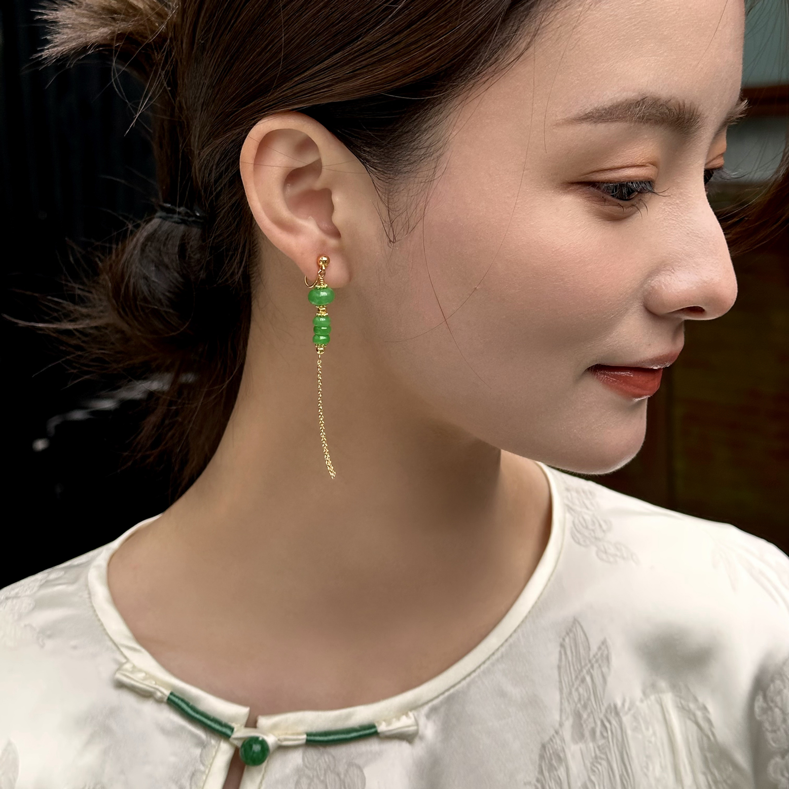 干青翡翠流苏耳钉女新中式耳坠