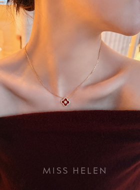 12/23 20点新品95折 芒星四叶草红玛瑙S925银项链跨年锁骨幸运星