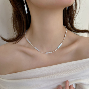 MISS 流白小银条牙签珍珠碎银子项链女长条巴洛克锁骨链 HELEN