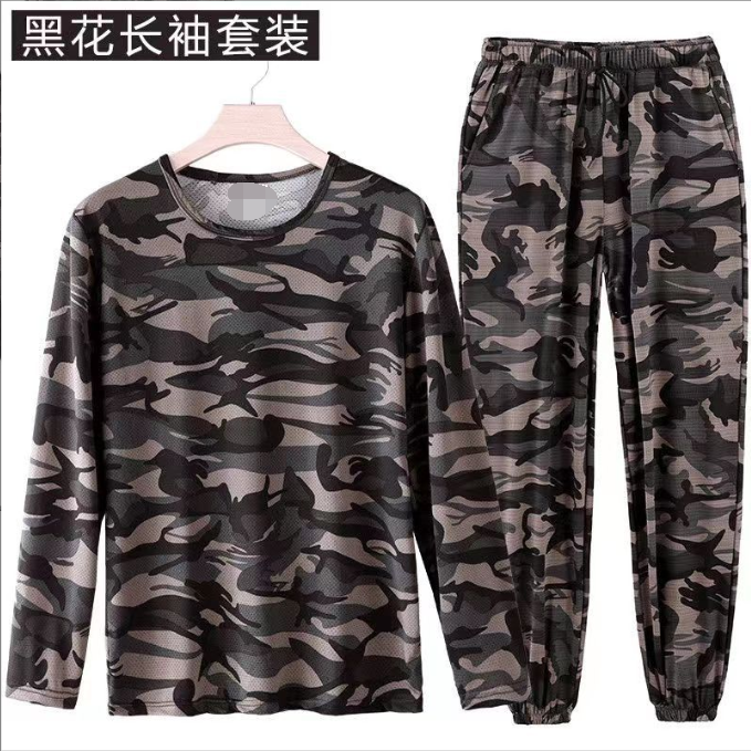 夏季薄款冰丝套装男士弹力长袖空调服网眼速干透气户外防晒工作服