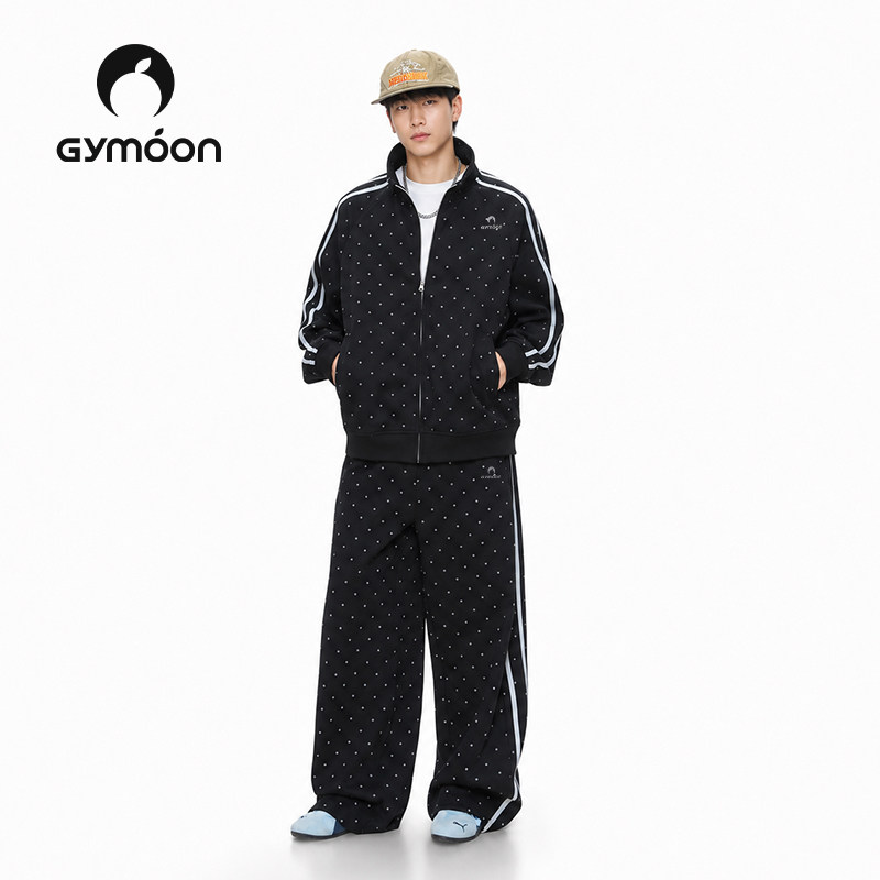 Gymoon桔芒黑色小波点立领休闲运动套装