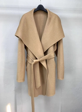 中长款驼色M家Rienza大翻领系带珠边秋冬气质风女双面羊毛呢大衣