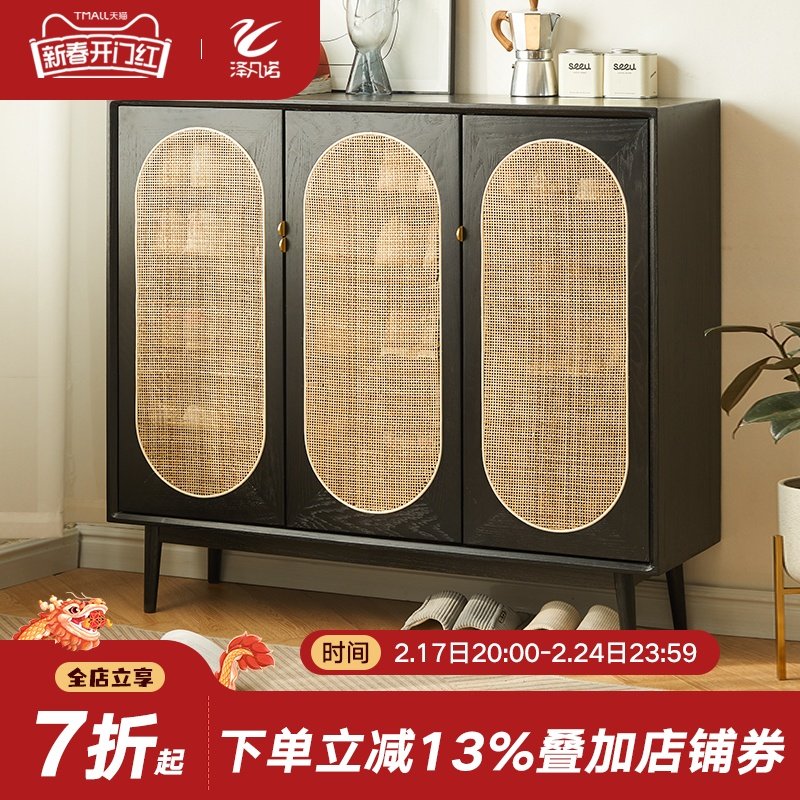 橡木藤编鞋柜家用门口大容量玄关鞋架客厅入户储物柜日式黑色整装