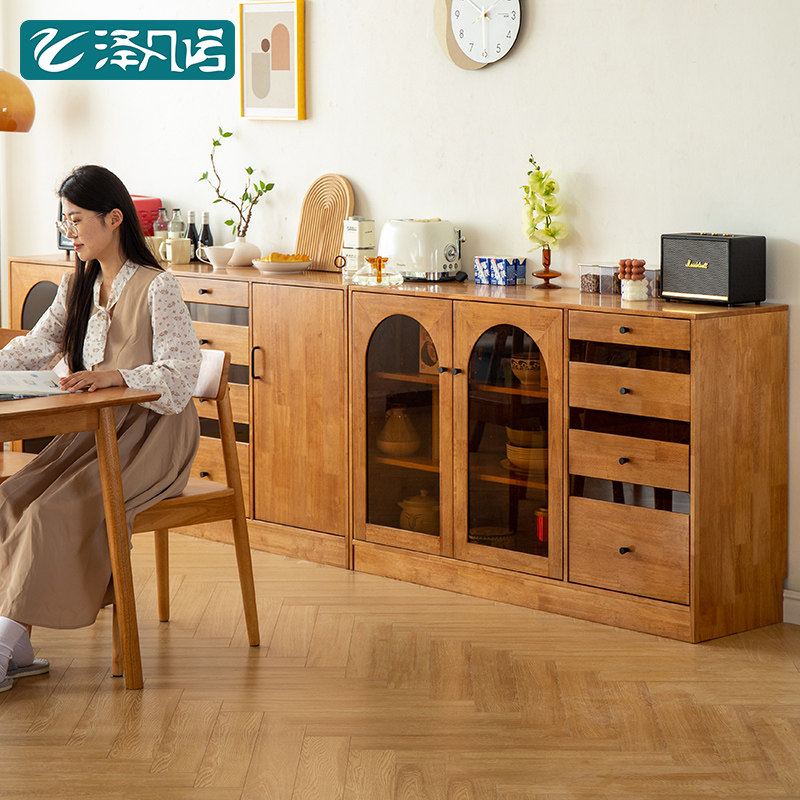全实木餐边柜靠墙一体矮柜中古风餐厅碗柜储物柜家用客厅茶水柜