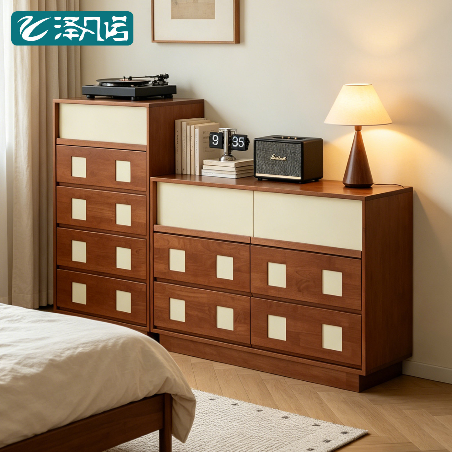 实木斗柜卧室储物柜抽屉柜中古风置物柜复古客厅靠墙收纳柜床尾柜