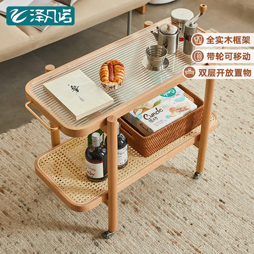 泽凡诺日式原木藤编可移动边几