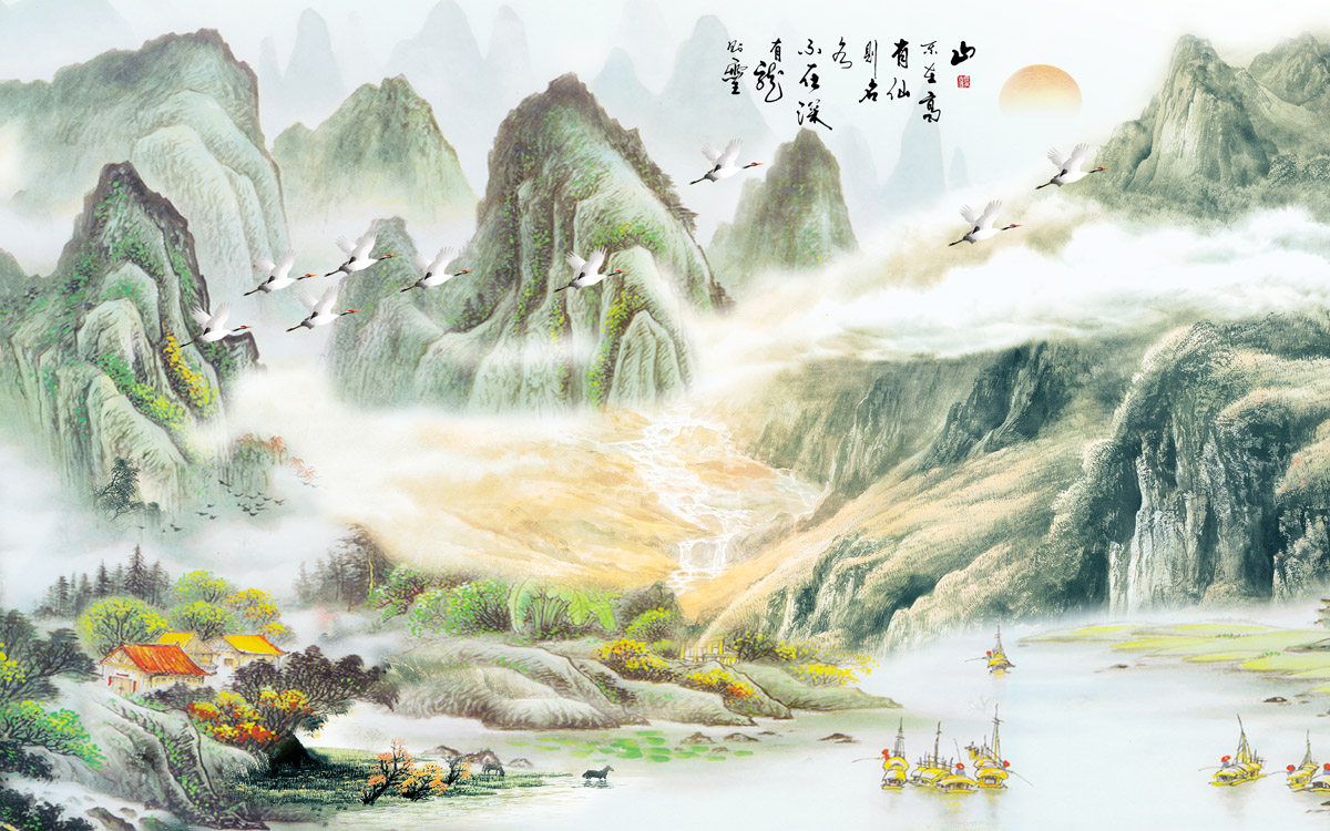 764海报印制展板写真贴纸素材2398国画水墨山水风景装饰画鹤瀑布