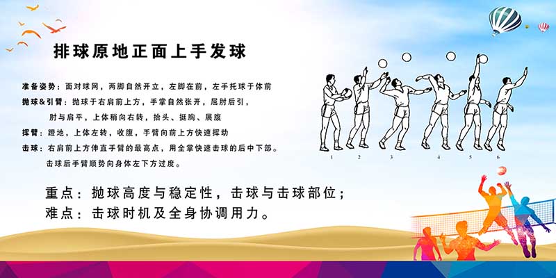 m771排球排球原地正面上手发球动作教程示意范图贴纸海报印制1058