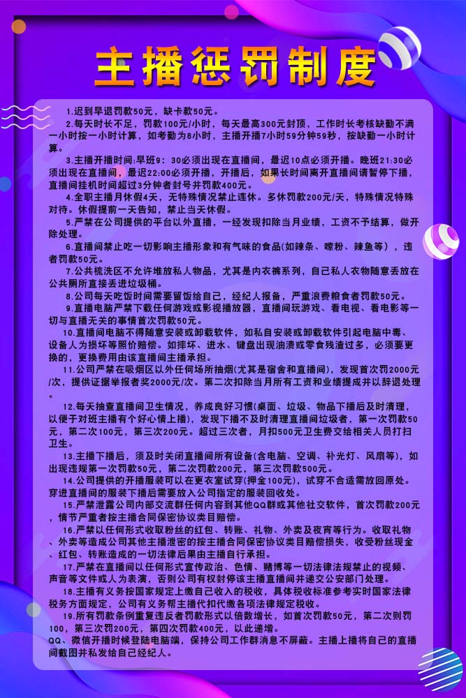 m769文化传媒企业主播惩罚制度上墙管理规章图180kt展板海报印制