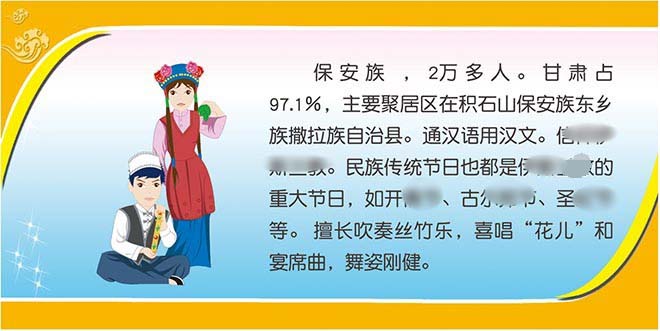 m769保安族文化简介56个民族学校布置装饰画贴纸1583喷绘海报印制