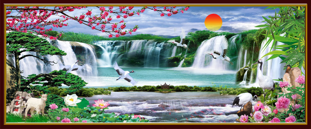 763海报印制展板写真素材248迎客松旭日东升细水长流山水风景画