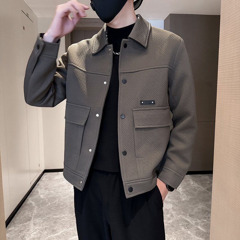 纹理定制面料男士修身翻领夹克简欧时尚青年帅气百搭春秋长袖外套