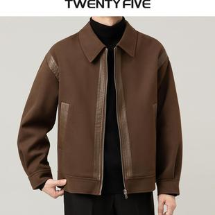 时尚轻熟风加厚呢子拼皮韩版外套男士潮牌夹克秋冬季翻领休闲上衣