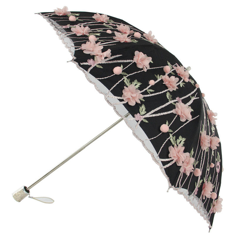韩版洋伞二折黑胶双层蕾丝立体花朵刺绣防晒防紫外线遮阳伞908