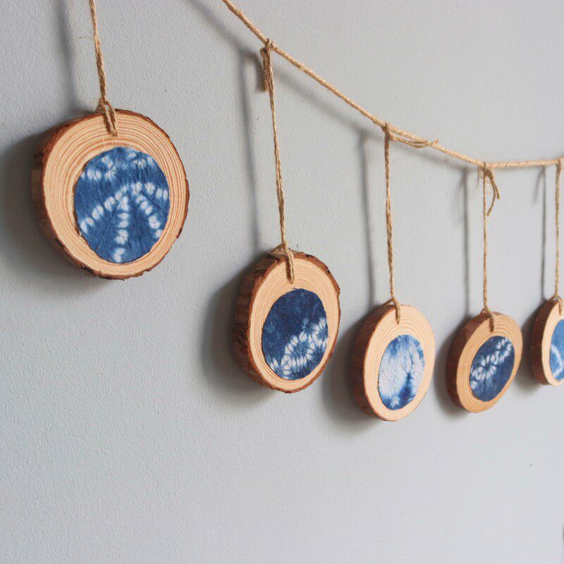 贴布小木片墙面挂件装饰品幼儿园家居玄关墙壁挂饰蓝色扎染布装饰