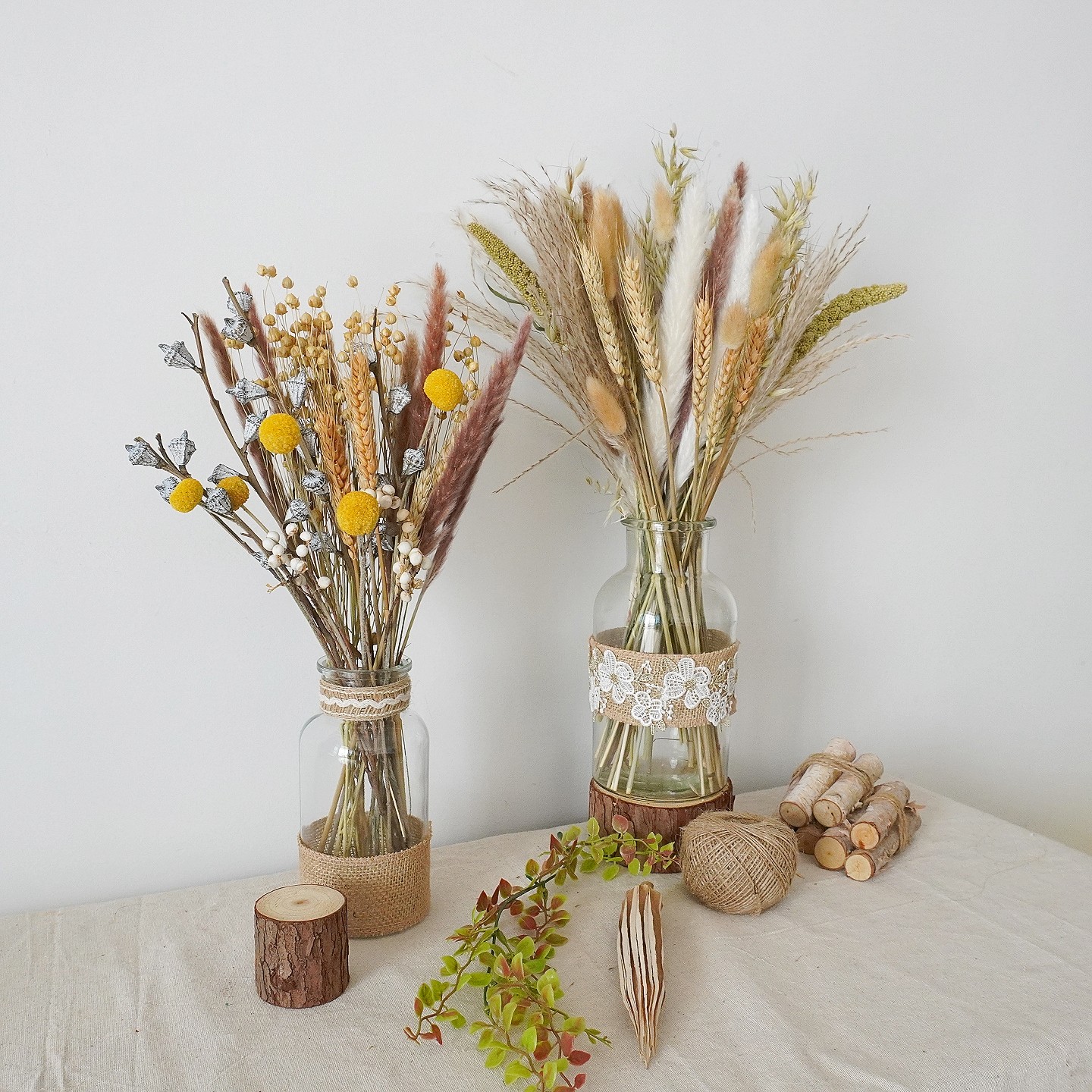 文艺复古北欧风天然干花花束玻璃瓶装家居装饰麻绳玻璃花瓶组合