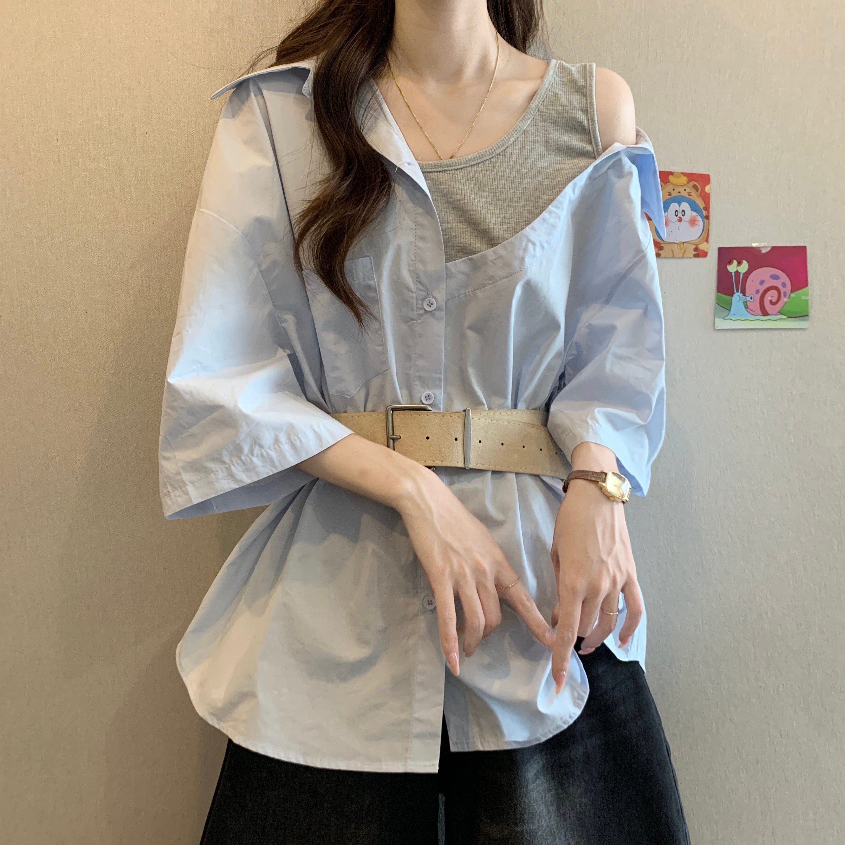 洋气减龄露肩假两件短袖衬衫女2025新款夏季大码胖mm收腰遮肚上衣