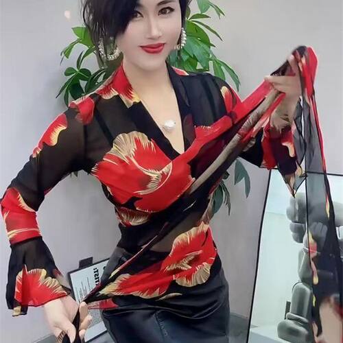 外贸折扣女装清仓特价性感交叉系带收腰V领弹力碎花网纱长袖衬衫