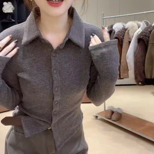 胖妹妹韩式 纽扣上秋冬气质打底衫 POLO领长袖 修身 潮 T恤女开衫 大码