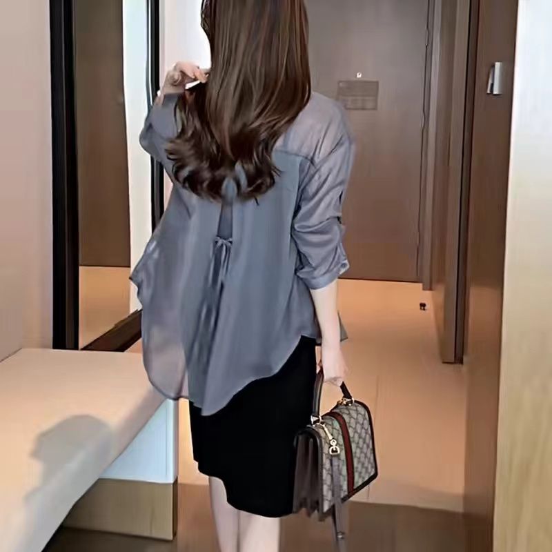 高级感灰色冰丝防晒衣女夏季薄款外套垂感长袖外搭罩衫雪纺衬衫潮图片