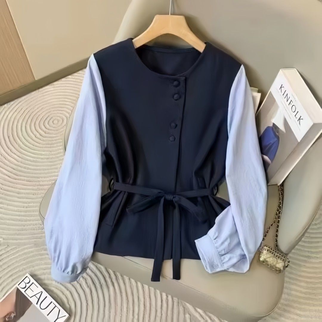 假两件拼接长袖衬衫女春秋大码胖mm显瘦遮肚子设计感系带收腰上衣