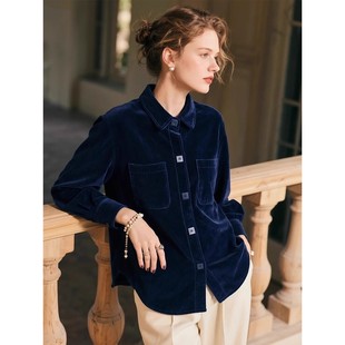 高端小资上衣巨好看秋冬季蓝色时尚翻领衬衫女高级感轻奢减龄洋气