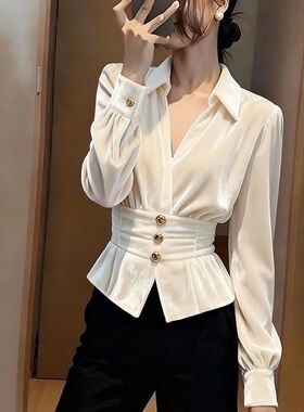 法式气质白色掐腰丝绒衬衫女2025秋季新款高级感轻奢短款绝美上衣