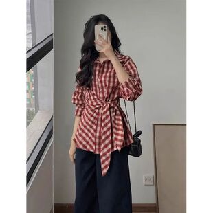衬衫 新款 大码 胖MM秋季 收腰绑带高级衬衣上衣 女装 港风红色格子长袖