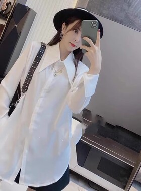 白色衬衫女长袖秋冬季2025新款洋气时尚中长款加绒打底衫内搭上衣