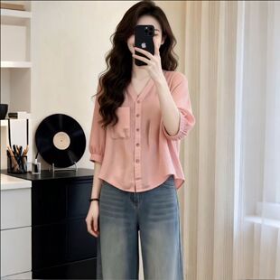 女夏大码 衬衫 胖mm宽松洋气减龄独特漂亮上衣 高级感v领七分袖 法式