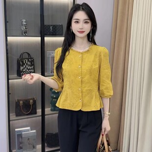 女士早秋新款 小个子时尚 五分袖 衬衫 洋气刺绣上衣百搭宽松圆领小衫