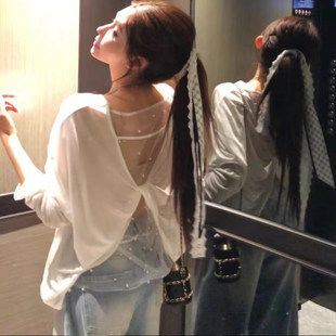 纯欲风后背镂空网纱拼接扭结长袖t恤女款2025新款爆款防晒衫上衣