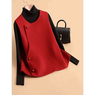 新中式国风红色毛呢外套女短款无袖马甲高端双面羊绒羊毛呢子大衣