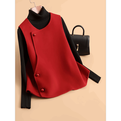 新中式国风红色毛呢外套女短款无袖马甲高端双面羊绒羊毛呢子大衣