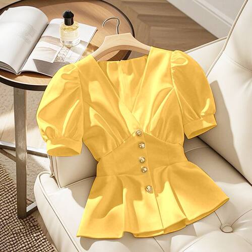 洋气夏季高端别致小衫上衣法式小众黄色短袖衬衫2025新款女装外穿