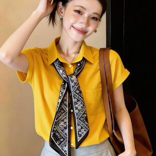 女夏 衬衫 2026新款 宽松休闲衬衣气质显瘦上衣蓝色polo领配丝巾无袖