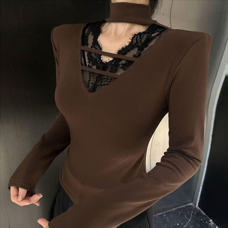 大码胖mm秋冬拼接V领长袖内搭T恤女2025新款女修身显瘦打底衫上衣