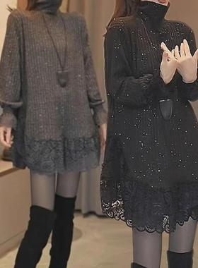 韩系黑色蕾丝花边拼接亮闪闪上衣大码别致独特超好看高领打底衫