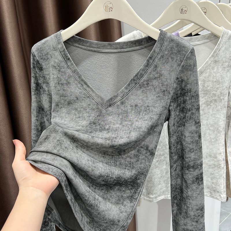 扎染修身v领中式国风内搭打底衫可外穿软糯面膜秋季气质收腰上衣