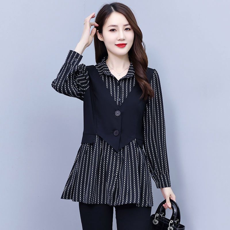 假两件衬衫女2025秋冬新款大码设计感条纹拼接遮肚子显瘦气质上衣