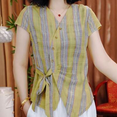 休闲妈妈装夏季V领短袖条纹开衫气质百搭中年妈妈系带薄款衬衫女