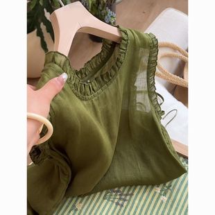 花边无袖 高级感复古绿色显白马甲背心女2025夏季 百搭外穿雪纺上衣