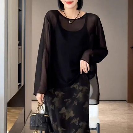 夏季新款时尚薄款设计感长袖防晒上衣女后背镂空宽松透气网纱T恤