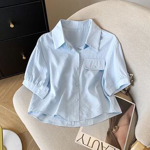 设计感短袖 女夏季 衬衣韩系百搭休闲上衣 衬衫 白色小个子polo领短款