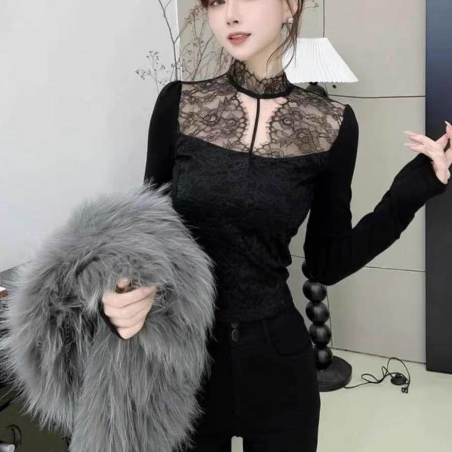 法式时尚性感镂空拼接蕾丝长袖t恤女2025冬季新款修身洋气上衣ins