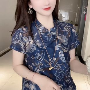 青花瓷提花短袖 女2025夏季 新中式 衬衫 潮 新款 宽松百搭显瘦上衣小衫