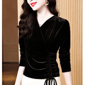 新款 交叉V领打底衫 长袖 贵气金丝绒女上衣秋季 T恤外穿收腰别致小衫