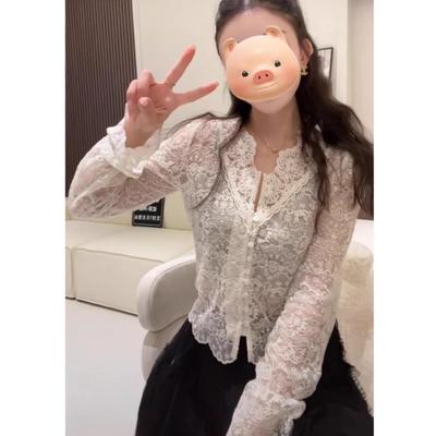 法式重工刺绣V领长袖衬衫外套女秋冬设计感别致绝美短款蕾丝上衣