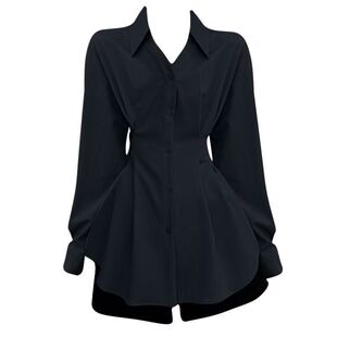 新款 大码 收腰衬衫 MM设计独特长袖 显瘦别致黑色衬衣上衣 春秋法式
